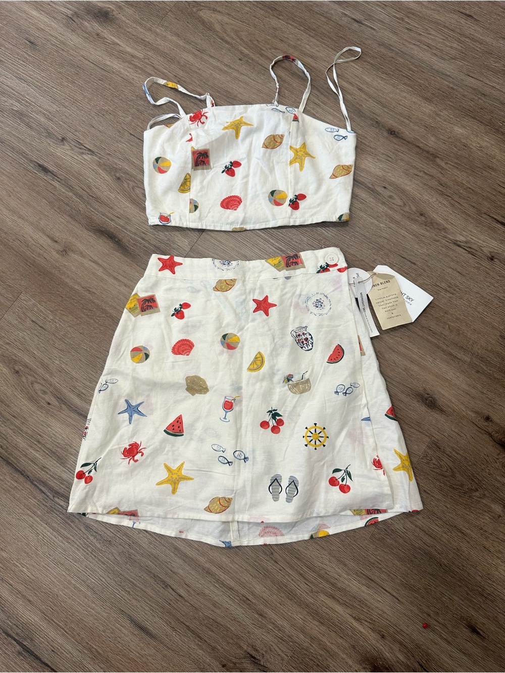 White Printed Cotton Mini Dress with Summer Motifs